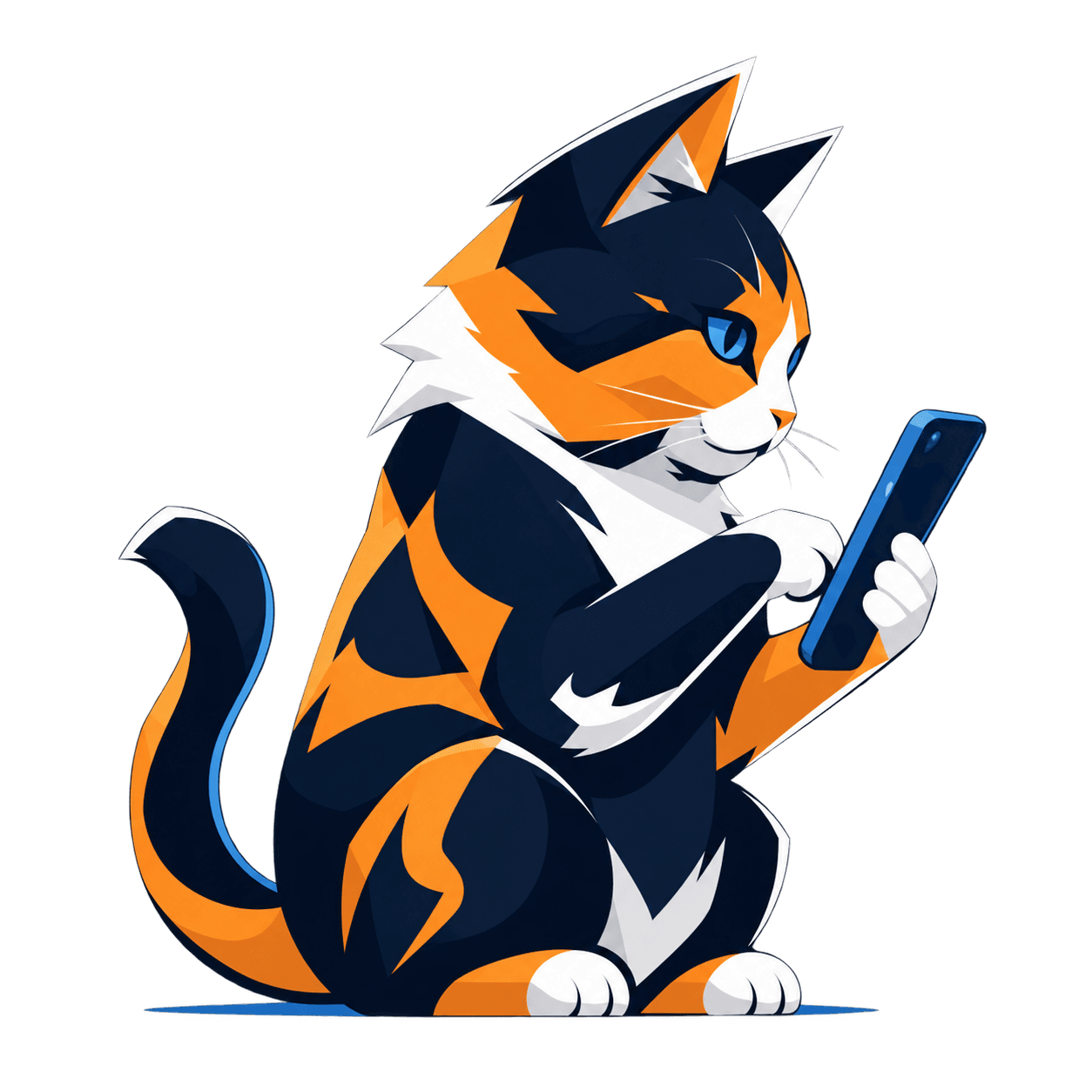 Angular navy, orange, and white cat looking at a blue smartphone.