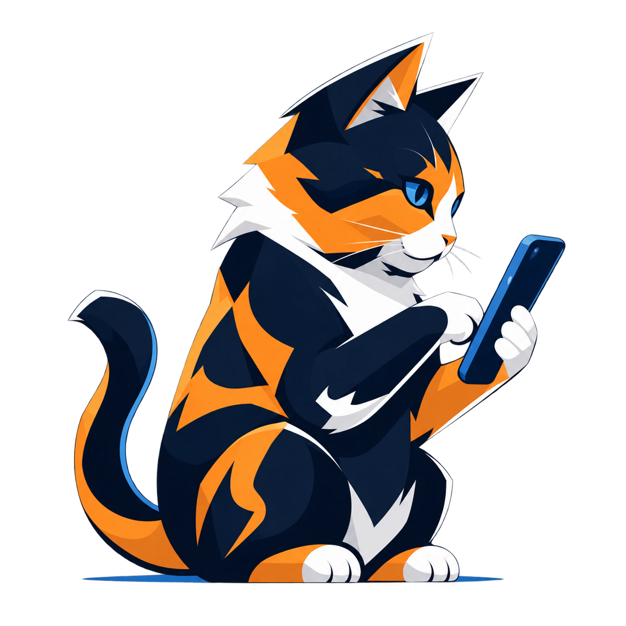 Angular navy, orange, and white cat looking at a blue smartphone.